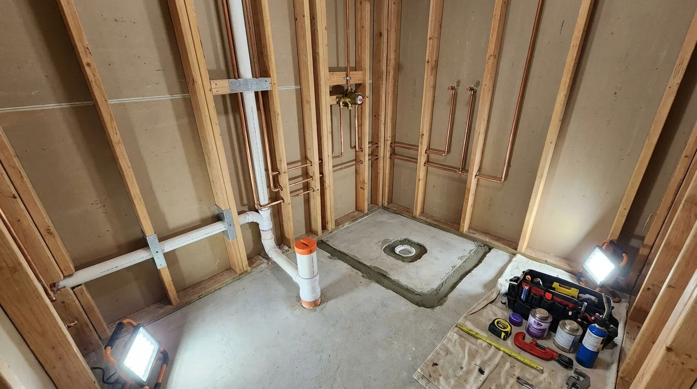 Bathroom rough-in plumbing during remodel by Johns Plumbing LLC in Denair