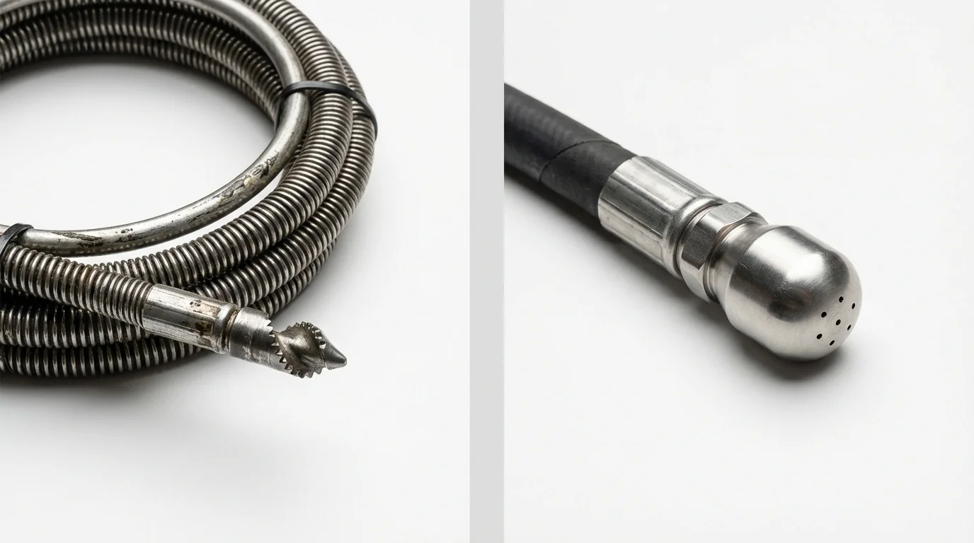 Drain snake cable and hydro jetting nozzle used for drain cleaning in Denair, CA