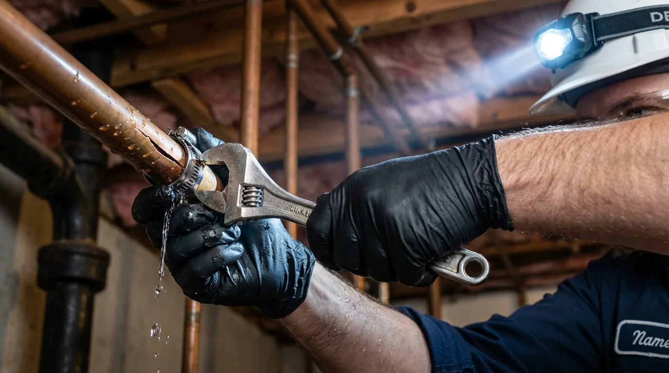 Emergency pipe clamp repair being performed by a Johns Plumbing LLC plumber in Denair