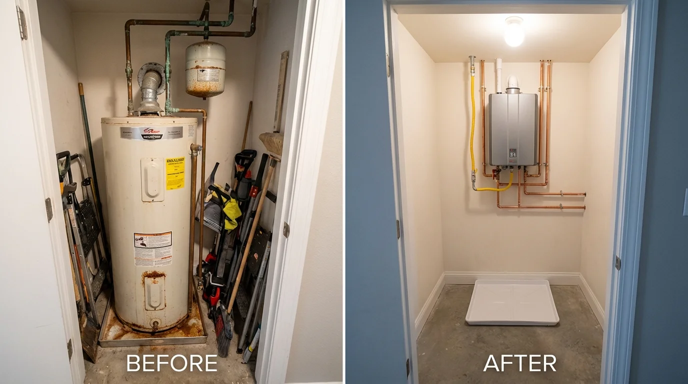 Tank water heater versus wall-mounted tankless unit comparison for Denair, CA homeowners