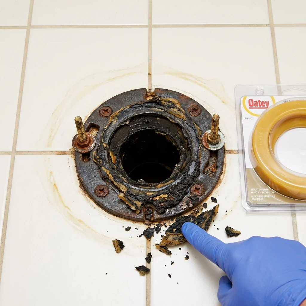Failed wax ring showing water seepage at the base of a toilet in a Denair, CA home